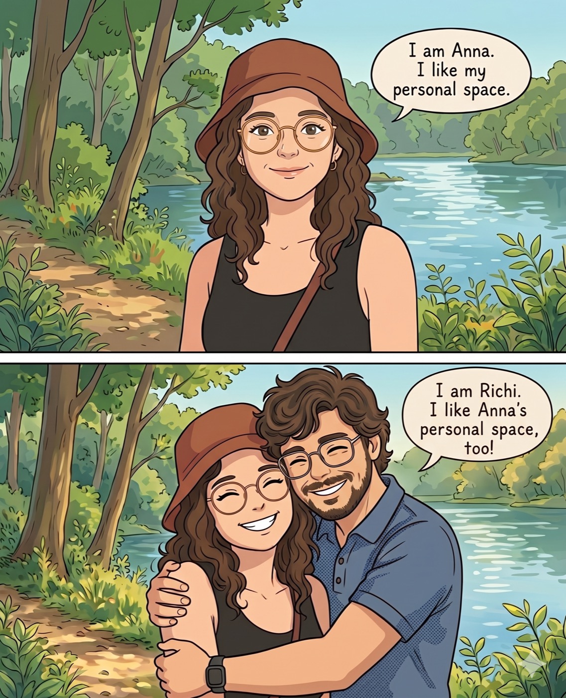 Gezeichnetes Comic von Anna & Richi am See: Anna sagt „I am Anna. I like my personal space.“ – Richi umarmt sie: „I am Richi. I like Anna’s personal space, too!“